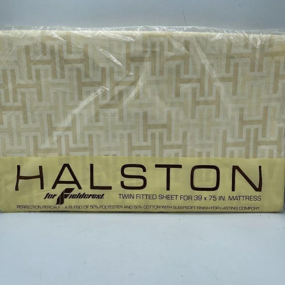 HALSTON Fieldcrest Vintage NWT Tan White Poly Cotton Fitted Sheet Style #8220